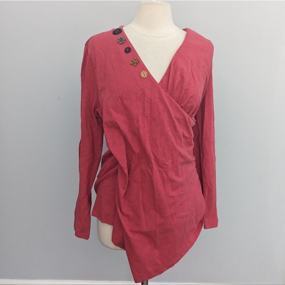 Soft Surroundings Button Beaded Asymmetrical Coral Pink Tunic Large Gathered